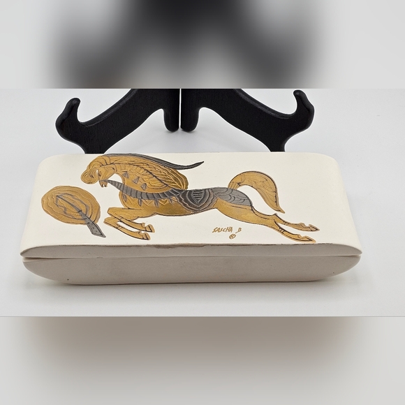 Sascha Brastoff Golden Gilt Gold Horse Ceramic Jewelry Trinket Box Tray Lid MCM - Picture 5 of 12